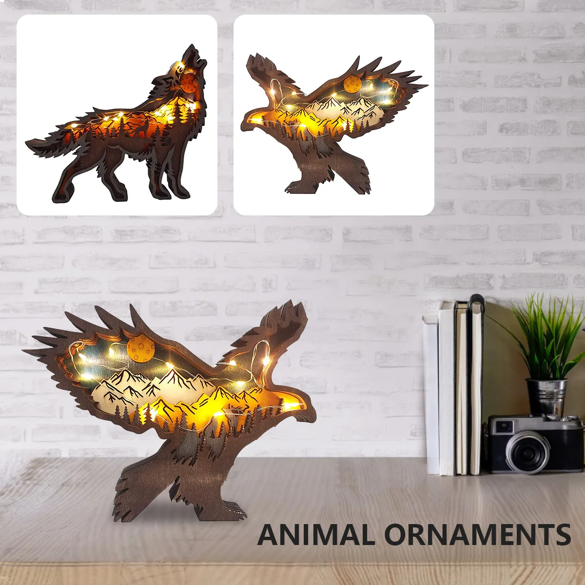 

3D Hollow Wooden Forest Animal Retro Style Wooden Animal Sculpture Forest Animal Cutout with LED Light Desktop Ornament for Home