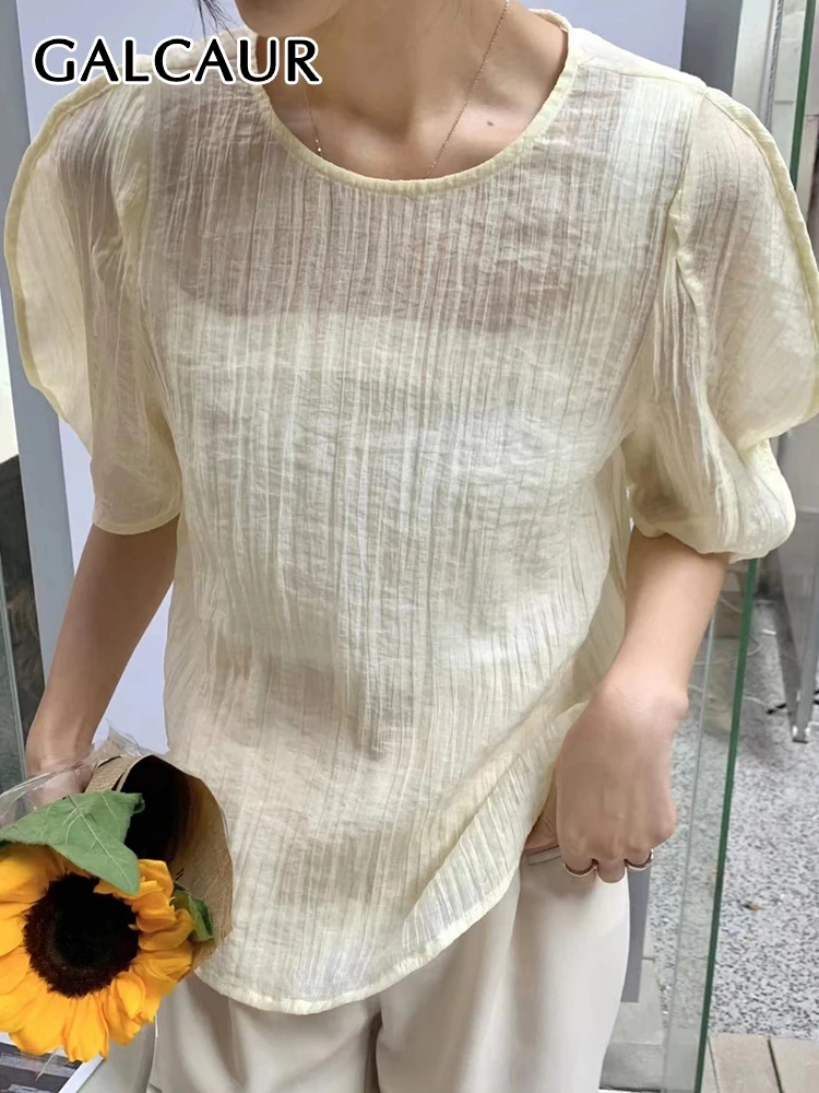 

GALCAUR Plain Tees For Women O Neck Short Sleeve Fold Pleated Loose T Shirt Female 2022 Summer Spring Clothing Fashion New Style