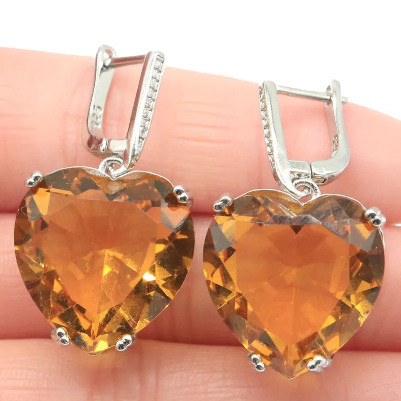 

35x20mm Big Heart Gemstone 16g Golden Citrine Smokey Topaz Women Dating 925 Silver Earrings