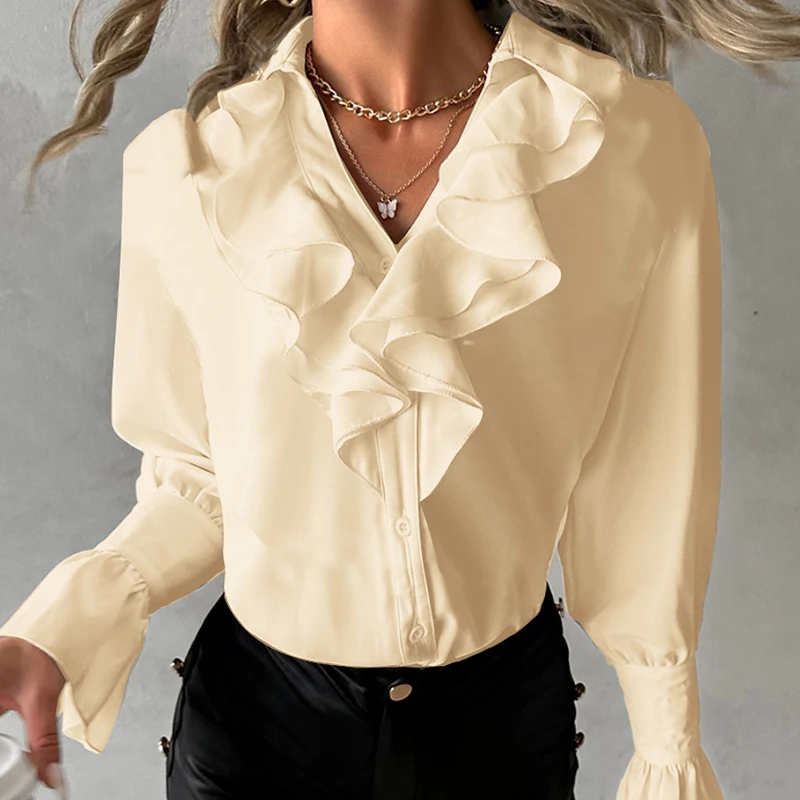 

Elegant Solid Color Flared Sleeve Tops Shirts Fashion V Neck Ruffles Pleated Blouse Women Office Single-breasted All-match Shirt