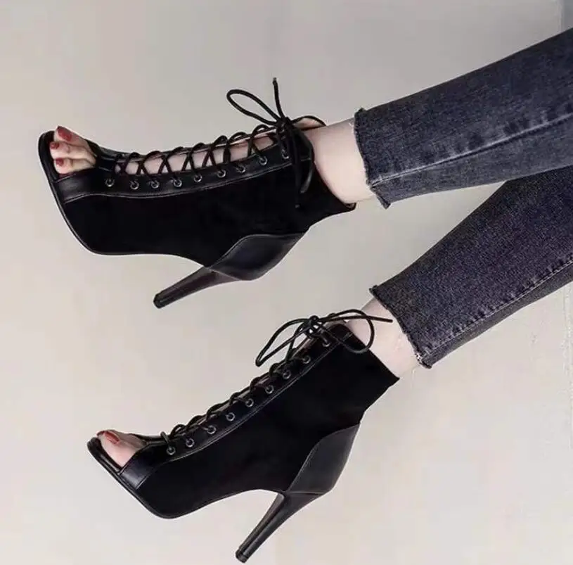 New Fashion show Black Fabric Cross strap Sexy high heel Sandals Woman shoes Pumps Lace-up Peep Toe Sandals Casual Large size