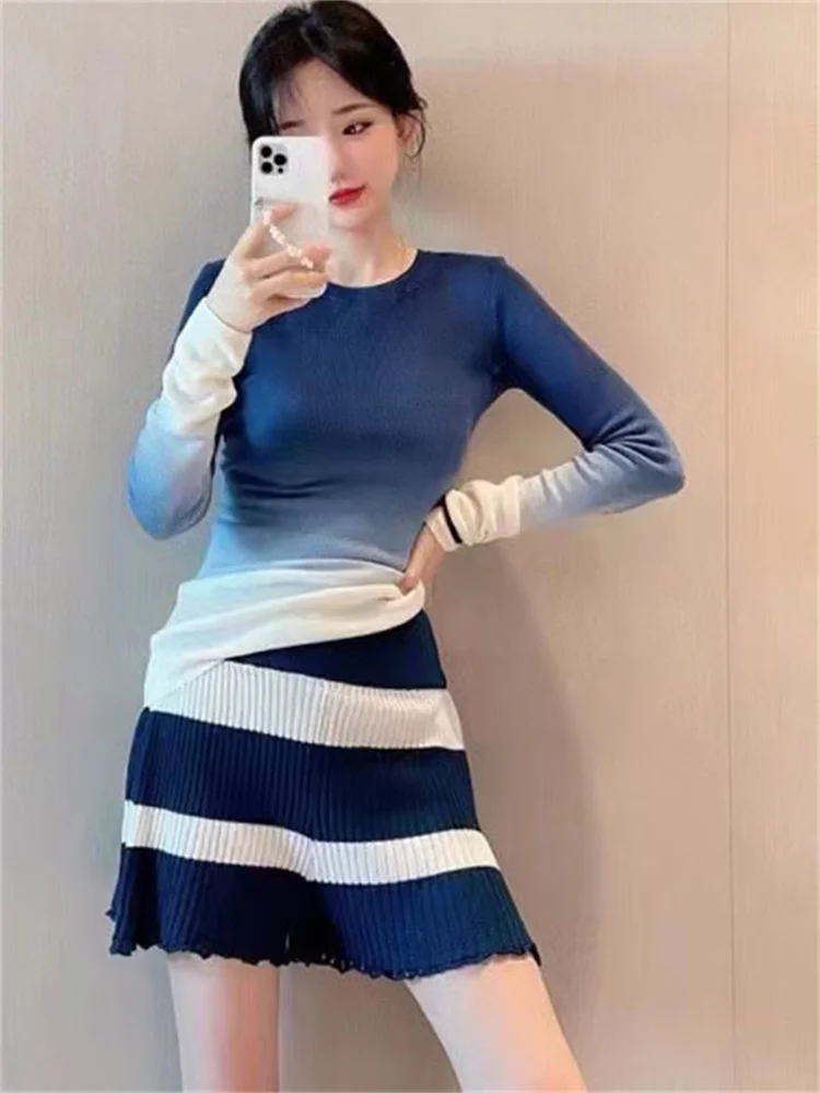 

Женский вязаный свитер с длинным рукавом, приталенный пуловер с круглым вырезом и градиентным переходом цветов, корсет в Корейском стиле, м...