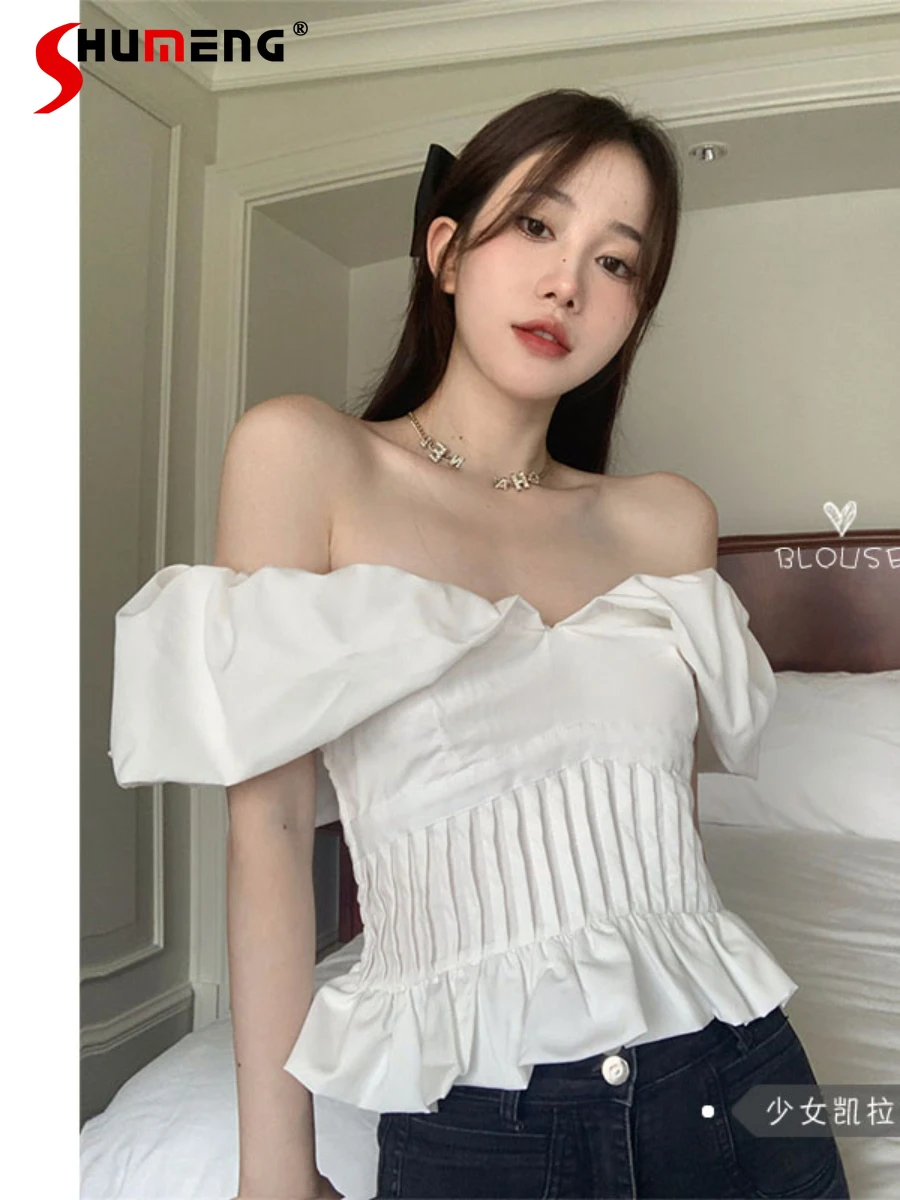 

French Style Woman Puff Sleeve Off-Shoulder Shirt Women's Summer New Ruffled Black Short Sleeve Cropped Corset Top Blouse 2022