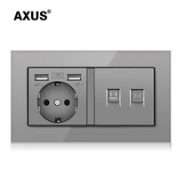 axus luxury utp cat6 eu wall socket with tv and telephone gray tempered glass gomputer internet rj45 rj11 with usb 14686mm