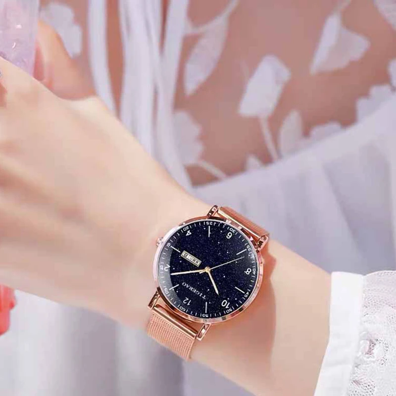 Fashion Women Watches Simple Rose Gold Mesh Belt Magnetic Quartz Wrist Watch Luxury Ladies Business Casual Watch