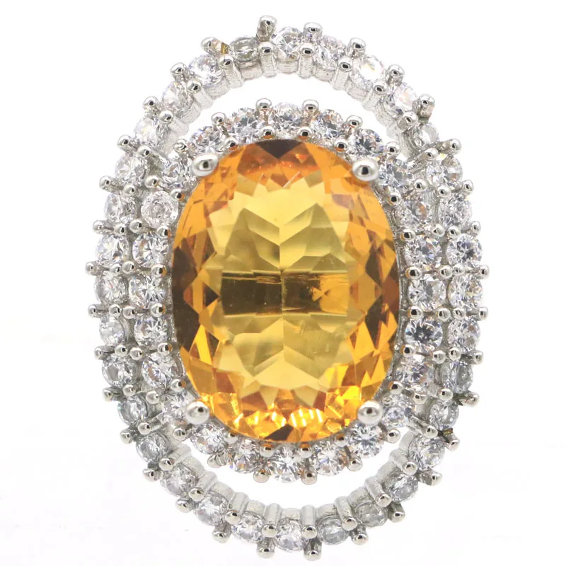 

28x21mm Lovely Cute 7.5g Golden Citrine White CZ Women Engagement Silver Rings Drop Shipping
