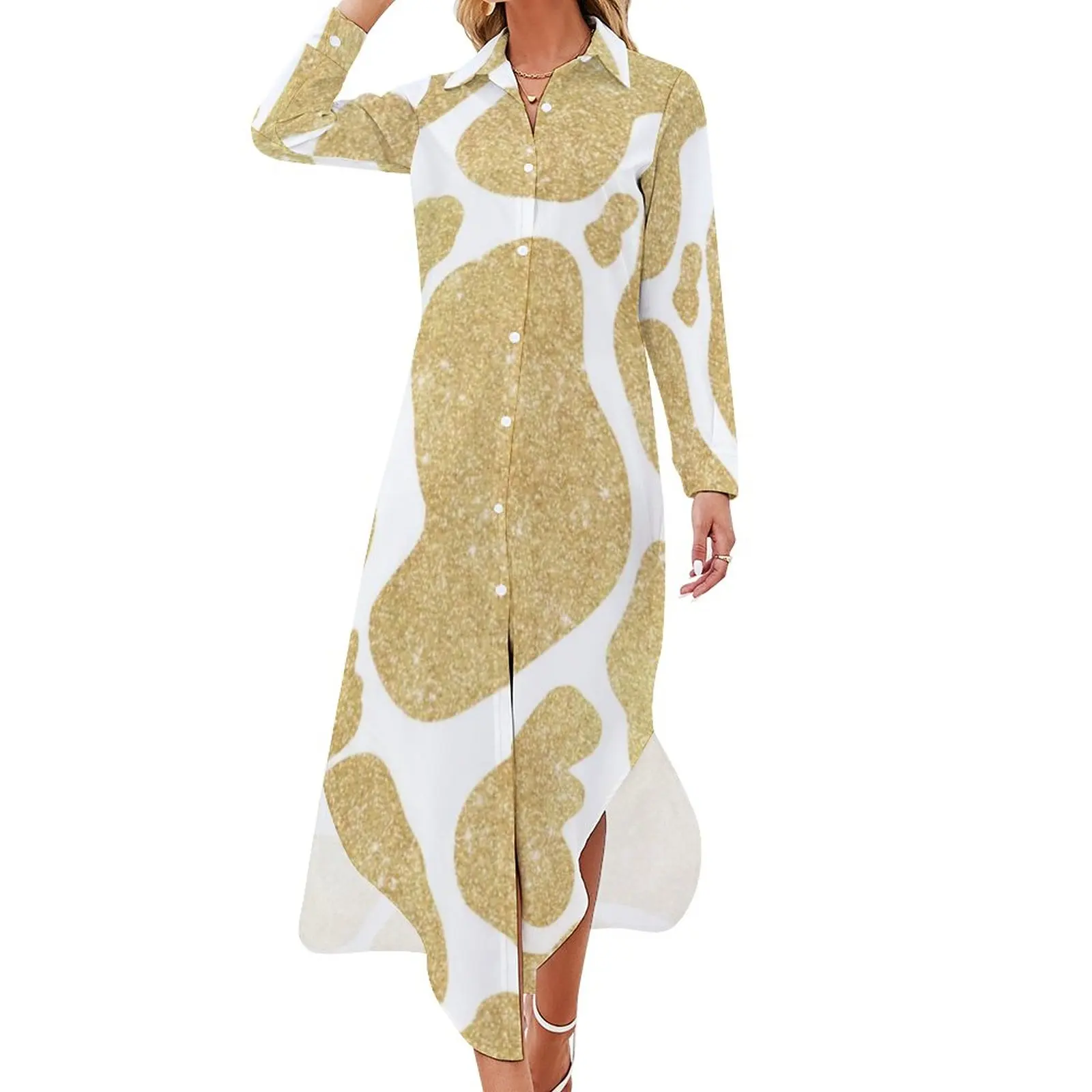 

Gold White Cow Print Chiffon Dress Glitter Cow Spots Festival Dresses Long Sleeve Street Fashion V Neck Oversized Casual Dress