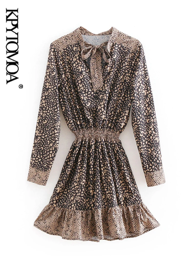 

Винтажное шикарное мини-платье с леопардовым принтом и оборками, женские модные платья с бантом на шее и эластичной талией, повседневные же...
