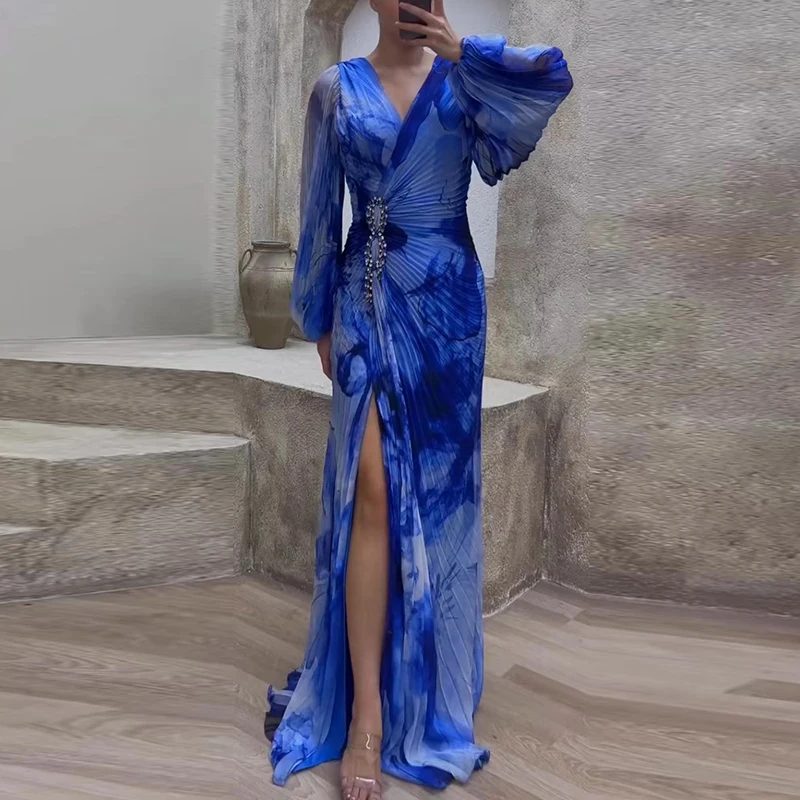 

Женское длинное платье с V-образным вырезом, Элегантное повседневное облегающее плиссированное платье до пола с высоким разрезом, осень-весна