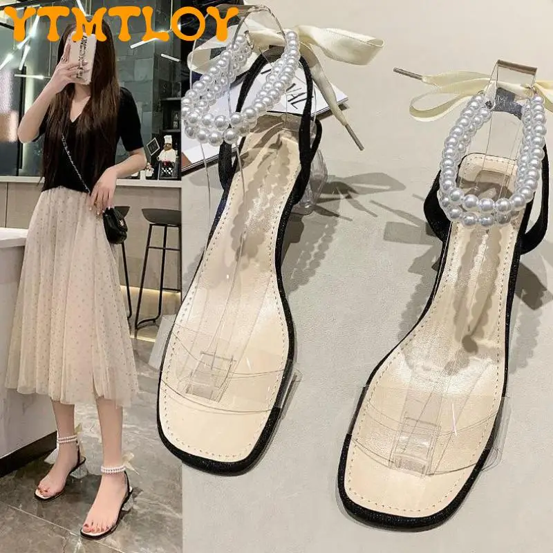 

Sandals Female Summer 2021 New Wild Mid-heel Transparent Pearl Strap Bow Open-toed Crystal Thick Heel Fairy Style