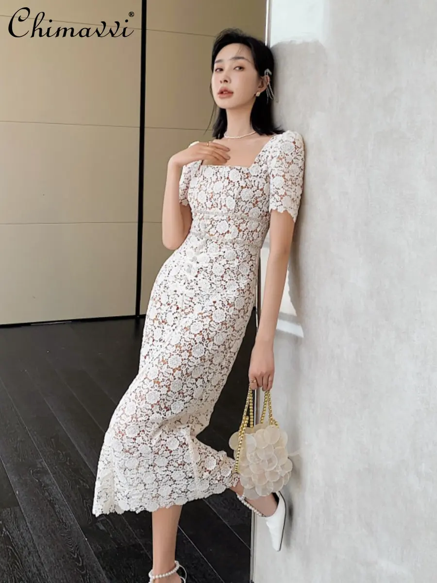 Spring Summer New Women's Fashion Sexy Square Collar Lace Elegant Dress High-End Slim-fit Holiday Dress Feminine Pencil Dresses
