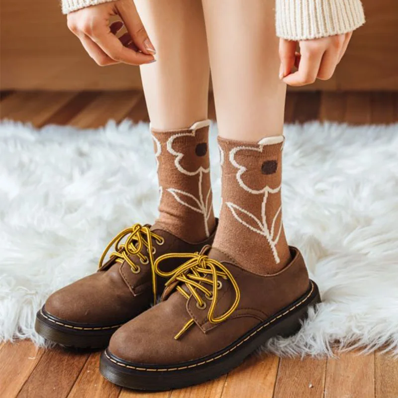 5 Pair Fashion Print Keep Warm Socks Women Vintage Long Winter Wool Socks Set Harajuku Korean Style Sokken Leg Warmer Chaussette