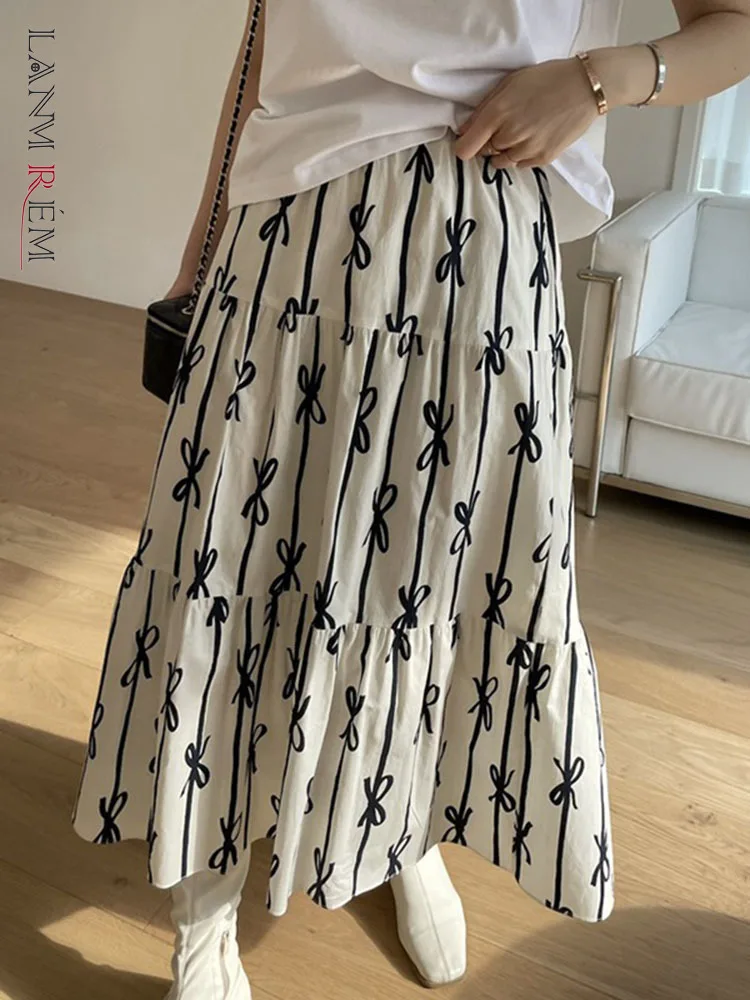 

LANMREM Bow Print A-line Mid-calf Skirt Women Slim Fit Elastic High Waist Loose Female Fashion Clothing 2022 Summer 2I609