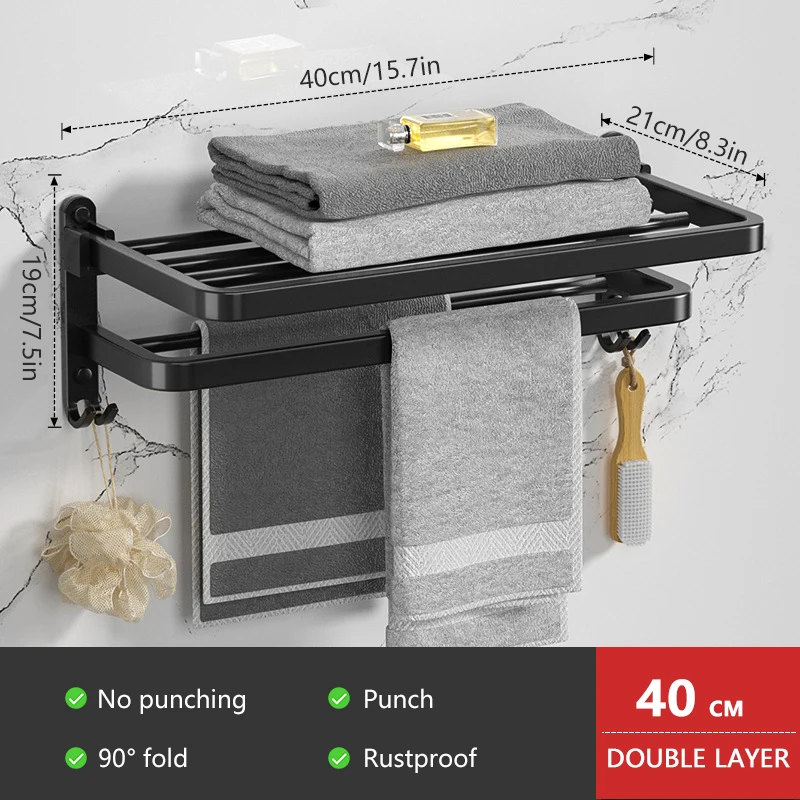 

Стойка для полотенец 40 см, складной держатель для полотенец с крючком, аксессуары для ванной комнаты, настенная металлическая алюминиевая балка, матовая черная полка