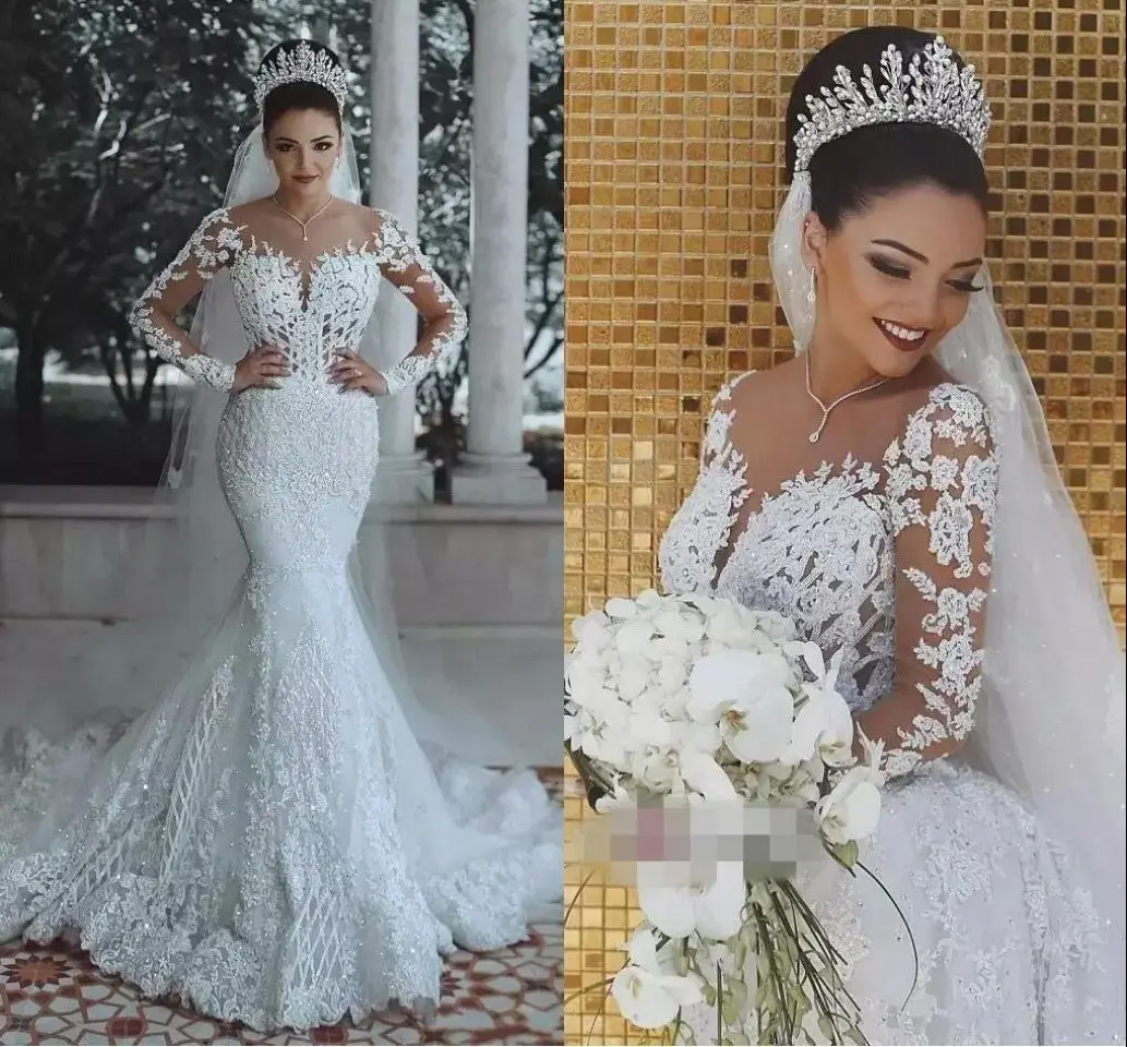 

New Arrival Illusion Long Sleeve Sexy Deep V-neck Lace Bridal African Mermaid Wedding Dress
