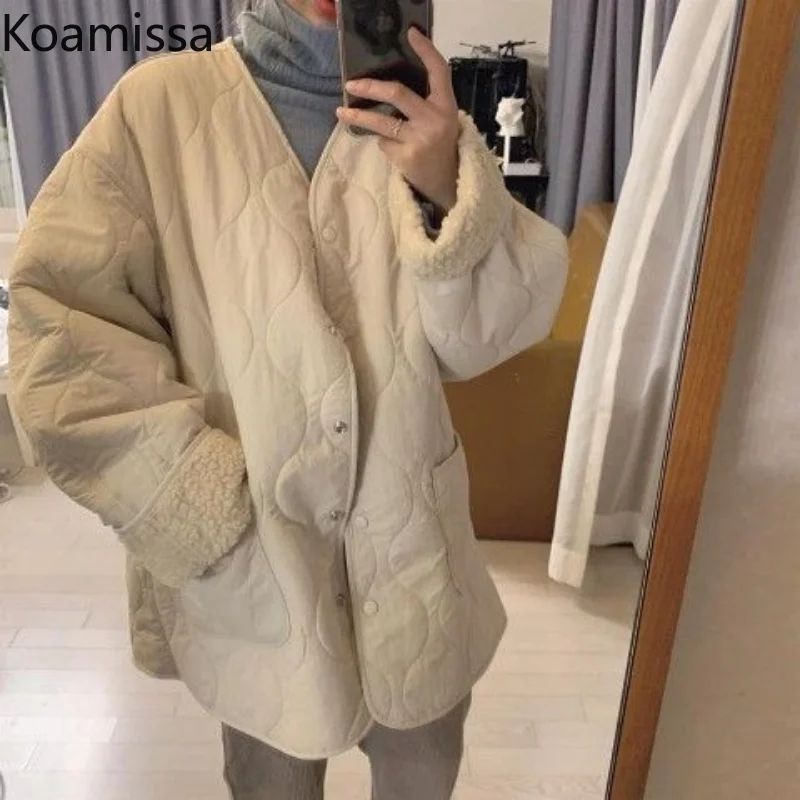 Koamissa Chic Korean Women Parkas Ladies Single Breasted V-neck Causal Loose Quilted Coats Femme Retro Lamb Wool Outwear Jackets