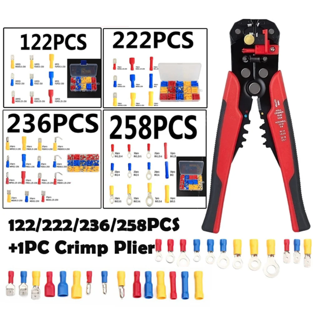

258/236/222/122 PCS Assorted Female Male Crimp Spade Terminal Insulated Electrical Wire Connector Kit+Terminals Crimping Plier