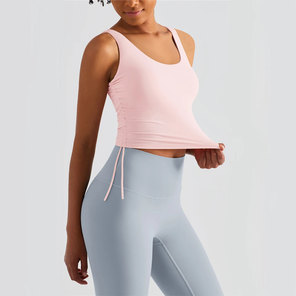 

Yoga Wear For Women Sports Bras Tights Crop Top Drawstring Fake 2 PCS U-shaped Vest Solid Color Gym Workout Clothes Brassiere