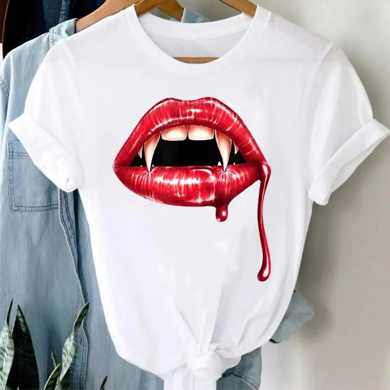 

Женская Повседневная модная футболка с забавными губами на Хэллоуин, осень, День благодарения, графическая одежда, футболка, футболка для п...
