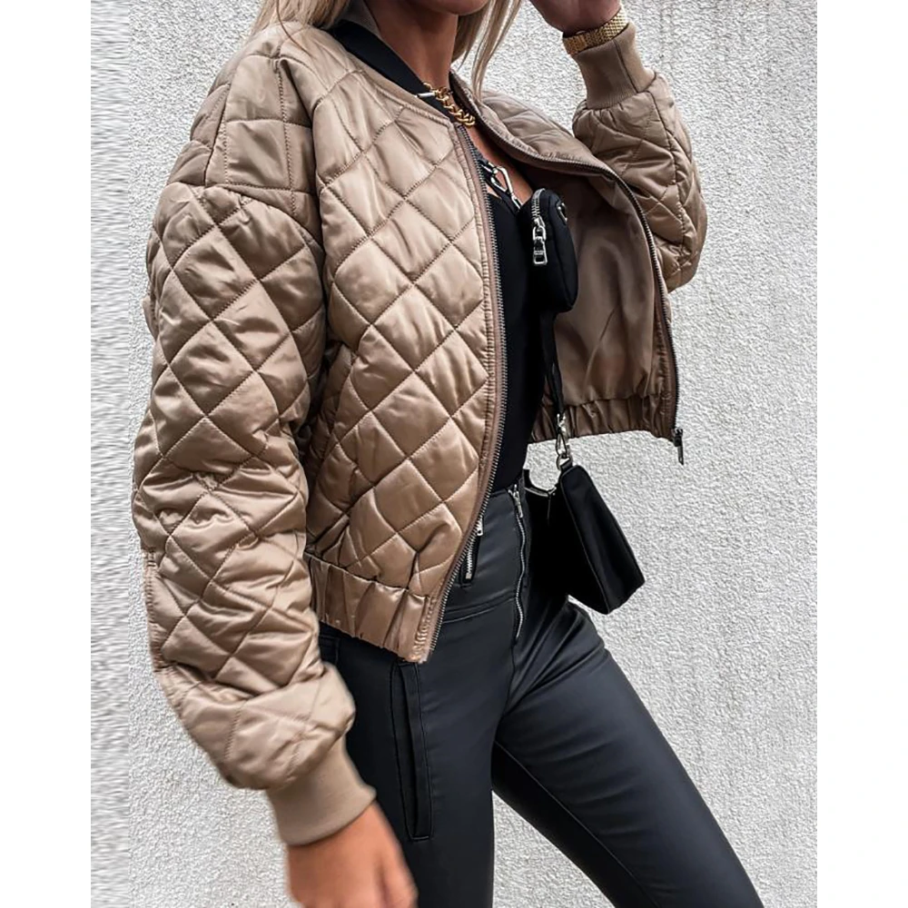 2023 Autumn Winter Women Quilted Long Sleeve Zipper Design Puffer Jacket Fashion Femme Long Sleeve Coat 2022 Lady Worm Outfits