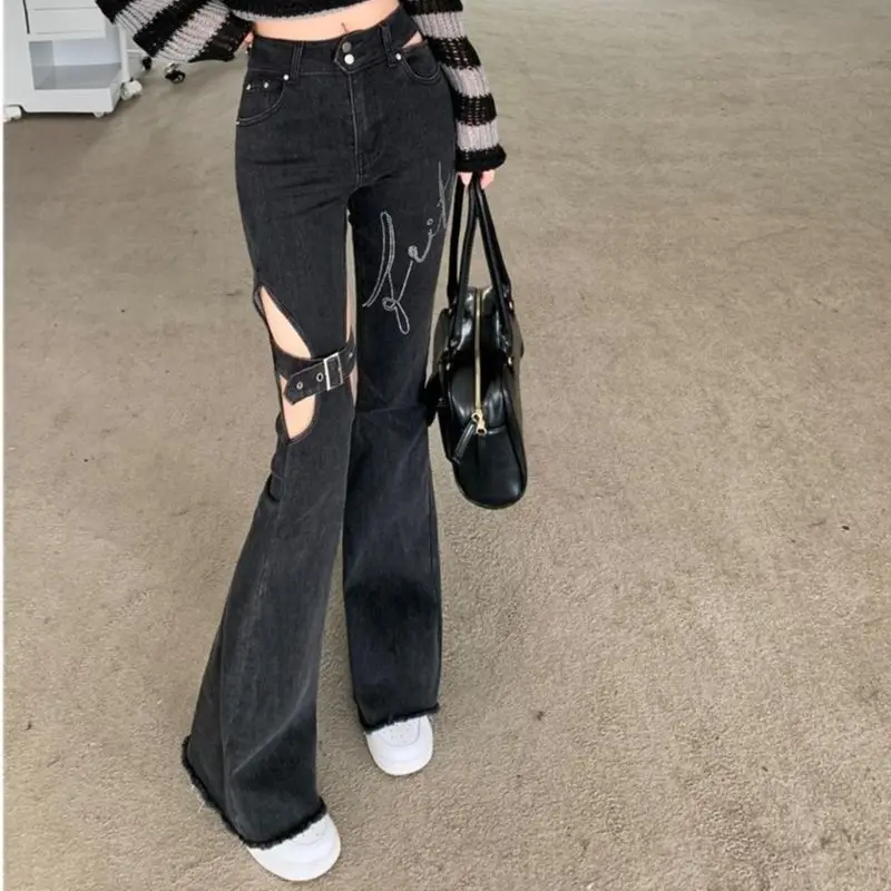 Hollow  Ripped Design High-Waisted Jeans Summer 2023 Slim Loose-Drape Micro-Flared Pants
