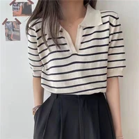 yasuk spring summer fashion woman solid casual slim striped pullover shirts womens short sleeved loose tees top all match