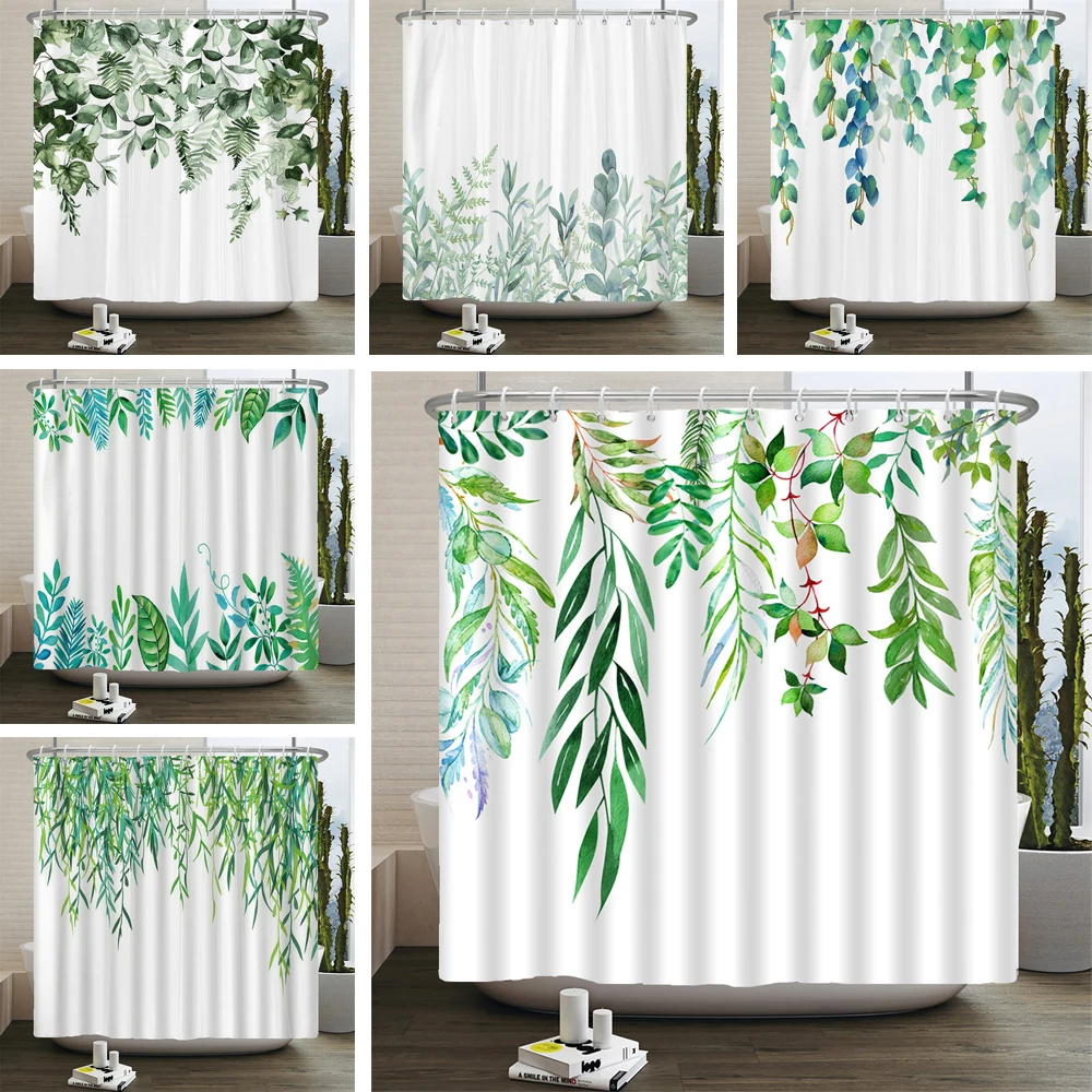 

Green Plants Leaves Shower Curtain Watercolor Plant Floral Pattern Waterproof Polyester Bathroom Curtain Decoration With Hooks