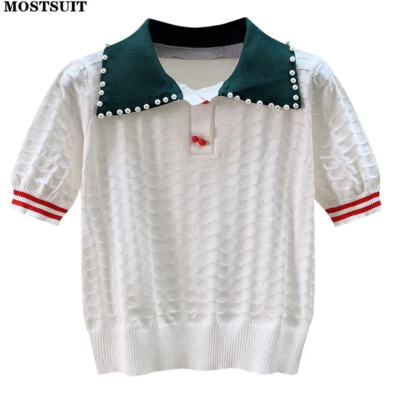 

Summer Stylish Pearl Thin Knit Pullover Sweater Women Short Sleeve Turn-down Collar Tops Knitwear Fashion Chic Women's Tshirts