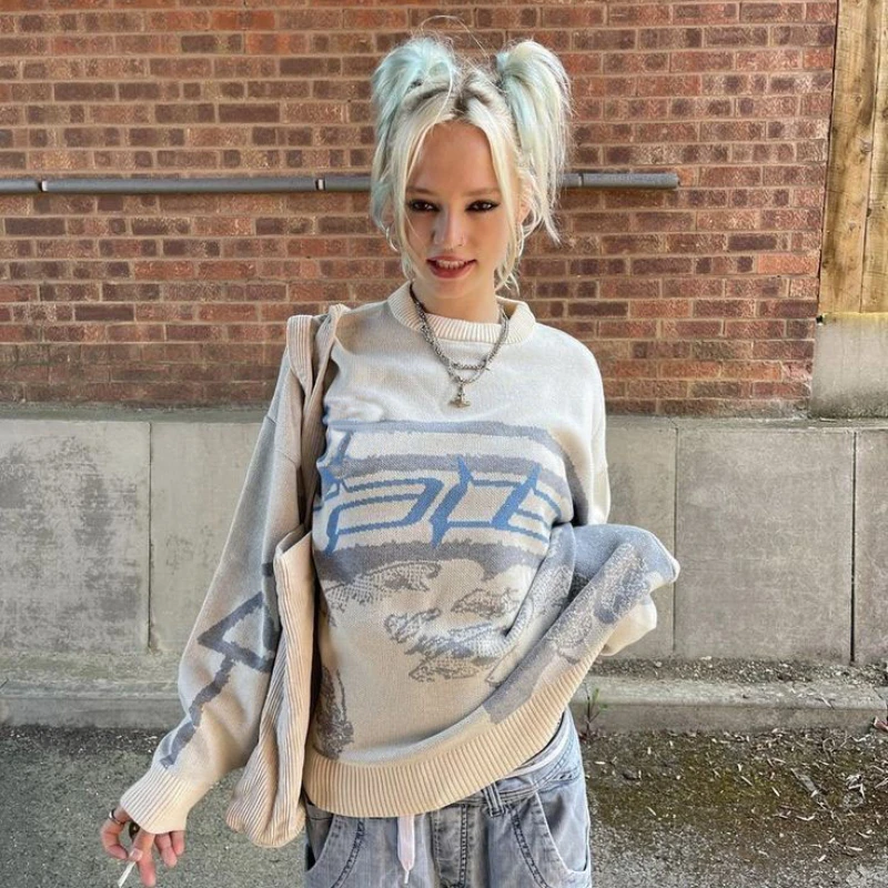 

American Retro Gothic Street Pullover Sweater Creative Striped Ladies Knitted Retro Loose Large Size Harajuku Crew Neck Sweater