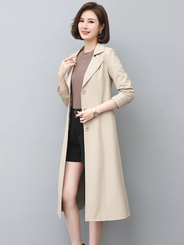 New Women Leather Trench Coat Spring Autumn Fashion Classic Suit Collar Long Sheepskin Outerwear Slim Split Leather Tops Coat