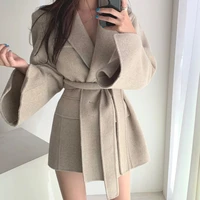 woolen coat for women 2020 new autumn french lapel straight slim fit lace up waist cardigan long sleeve loose casual suit jacket