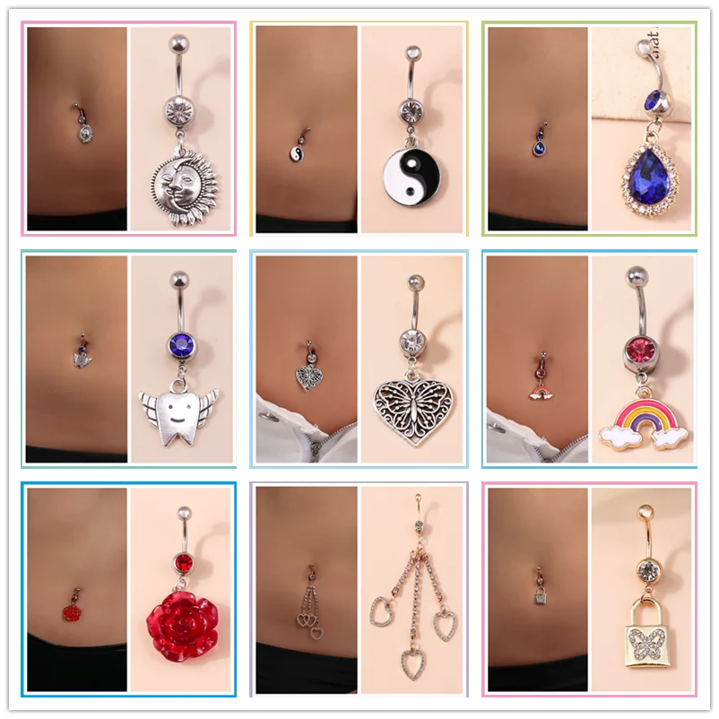 

1pc Bohemia Crystal Butterfly Greek Sun Moon Yin Yang Rainbow Pendant Belly Button Rings Female Sexy Body Piercing Navel Rings