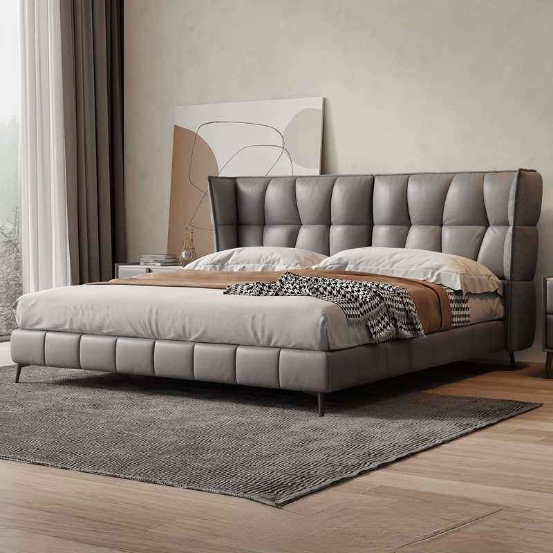 

Light luxury leather cowhide bed 1.8*2 meters large bed master bedroom soft package minimalist wedding bed net red bedroom