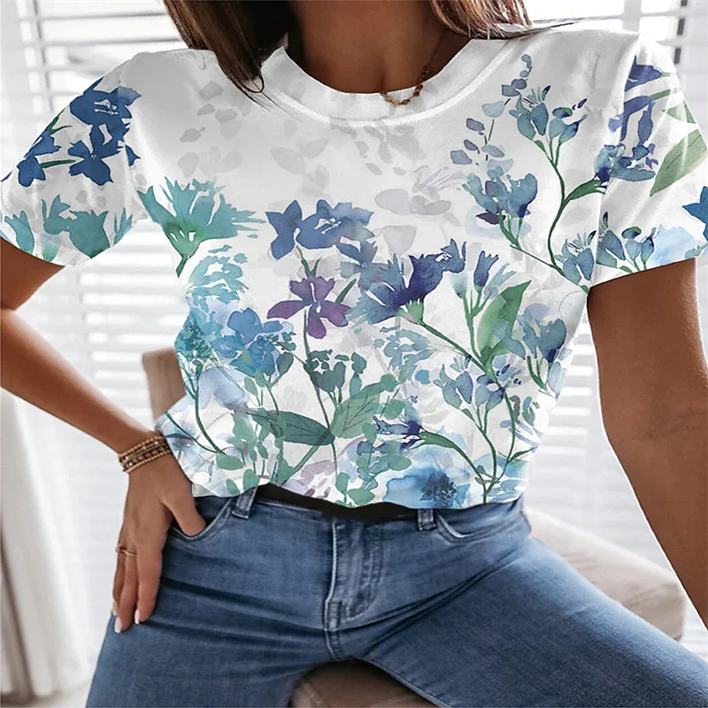 

Printed Short-Sleeved T-Shirt Women's 2022 New Plant Flower Loose Top Trend Summer 3D Pattern