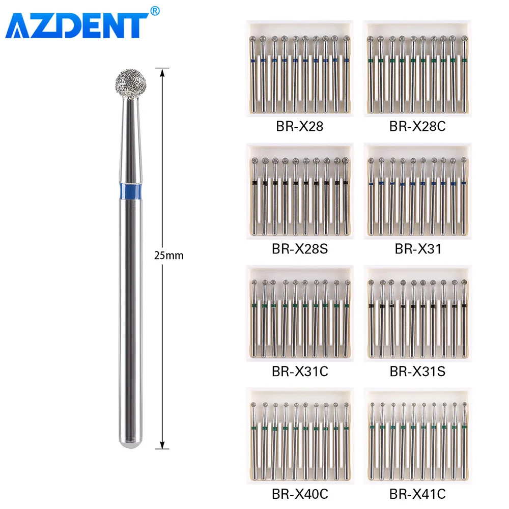 AZDENT 10Pcs/pack Dental Diamond Bur Ball Round Stainless Steel Bur 25mm FG 1.6mm for High Speed Handpiece 450000r/min