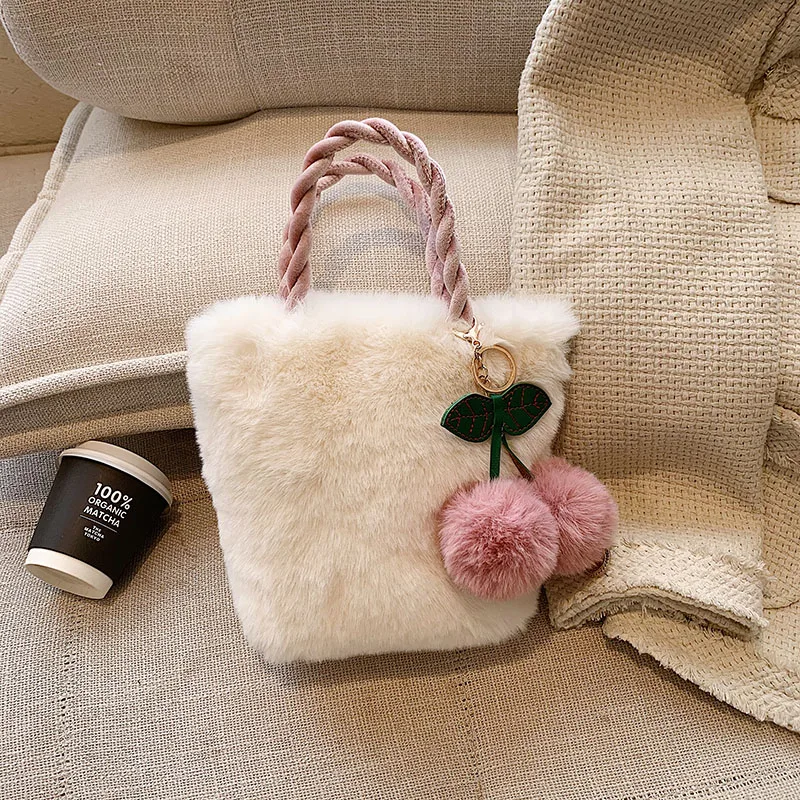 

White Fluffy Bags For Women Chain Plush Tote Bag Soft Furry Bags Luxury Designer Handbag Cherry Fur Crossbody Shoulder Bags