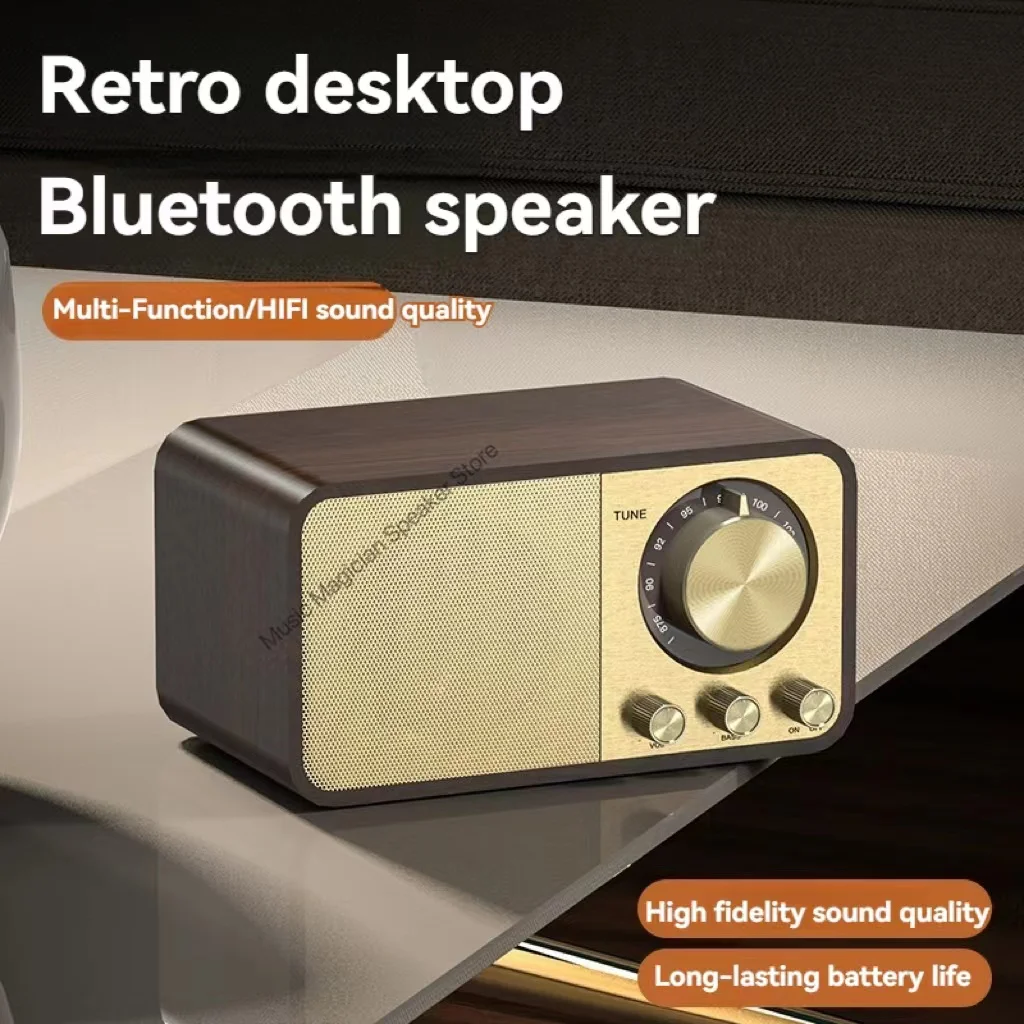 Фото Деревянная Bluetooth-совместимая 5.0 колонка в ретро-стиле, классическая звуковая система, стерео с объемным звучанием, супербас, сабвуфер, AUX, FM-радио для компьютера/ПК №2
