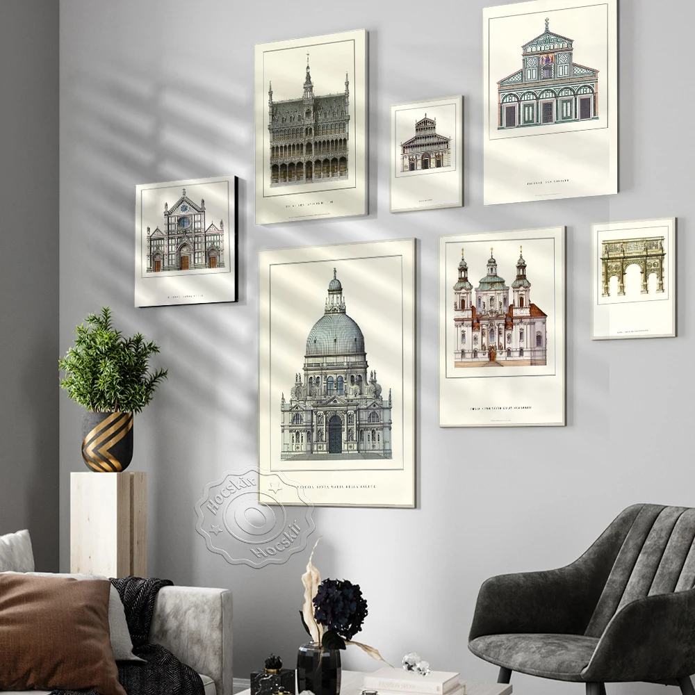 

World Travel City Buildings Art Poster, Church Vintage Architecture Canvas Painting Prints, Hallway Home Decor Wall Picture