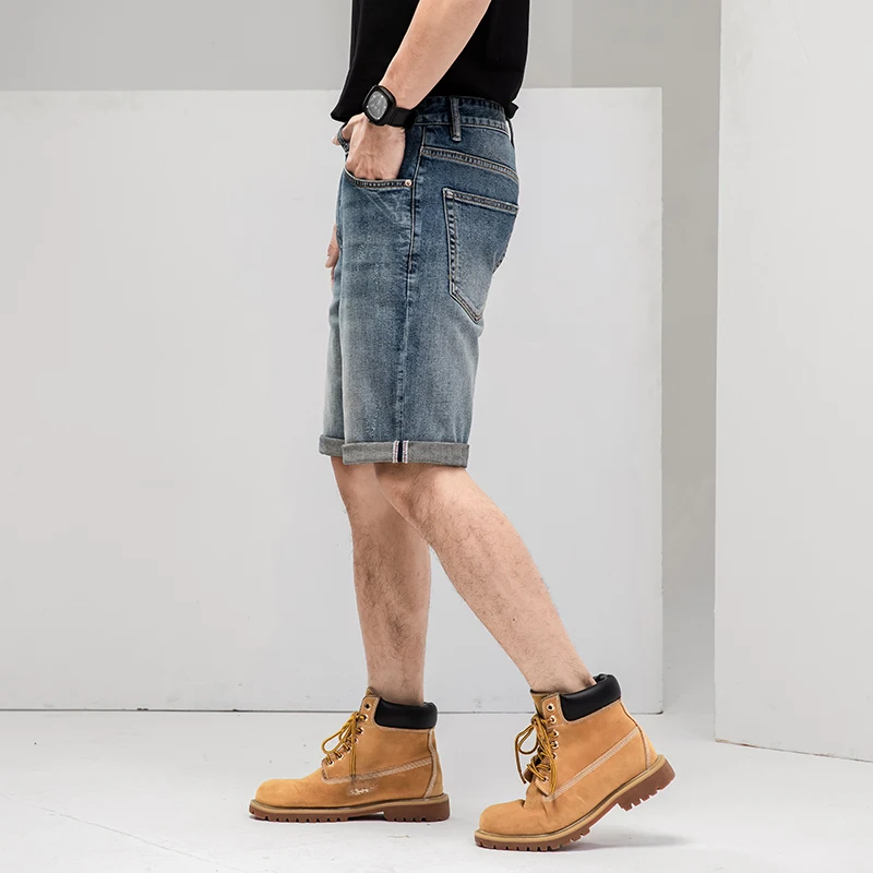 Men's Summer Fashion Middle Waist Micro Elastic Zipper Open Five Point Denim Shorts Handsome Masculine Jean Short Drop Shipping