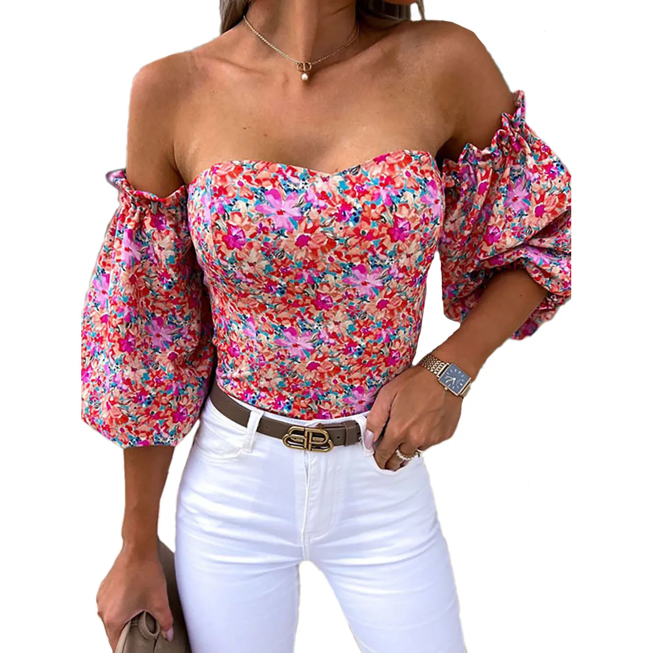 

Bohemia Flower Printed Summer Casual T Shirt For Women Backless Ruffle Slash Neck Party Club Travel Beach Women Top