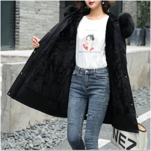 2023 Winter Women Thick Big Fur Coat Hooded Collar Plus Size Down Cotton Liner Jacket Fashion Female Mid-length Outerwear Warm