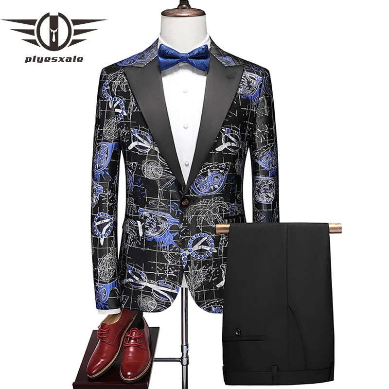 

Новое поступление, цветочный костюм Plyesxale с двойным разрезом для мужчин, стильные мужские свадебные костюмы, одежда для жениха, платья для выпускного вечера Q1409