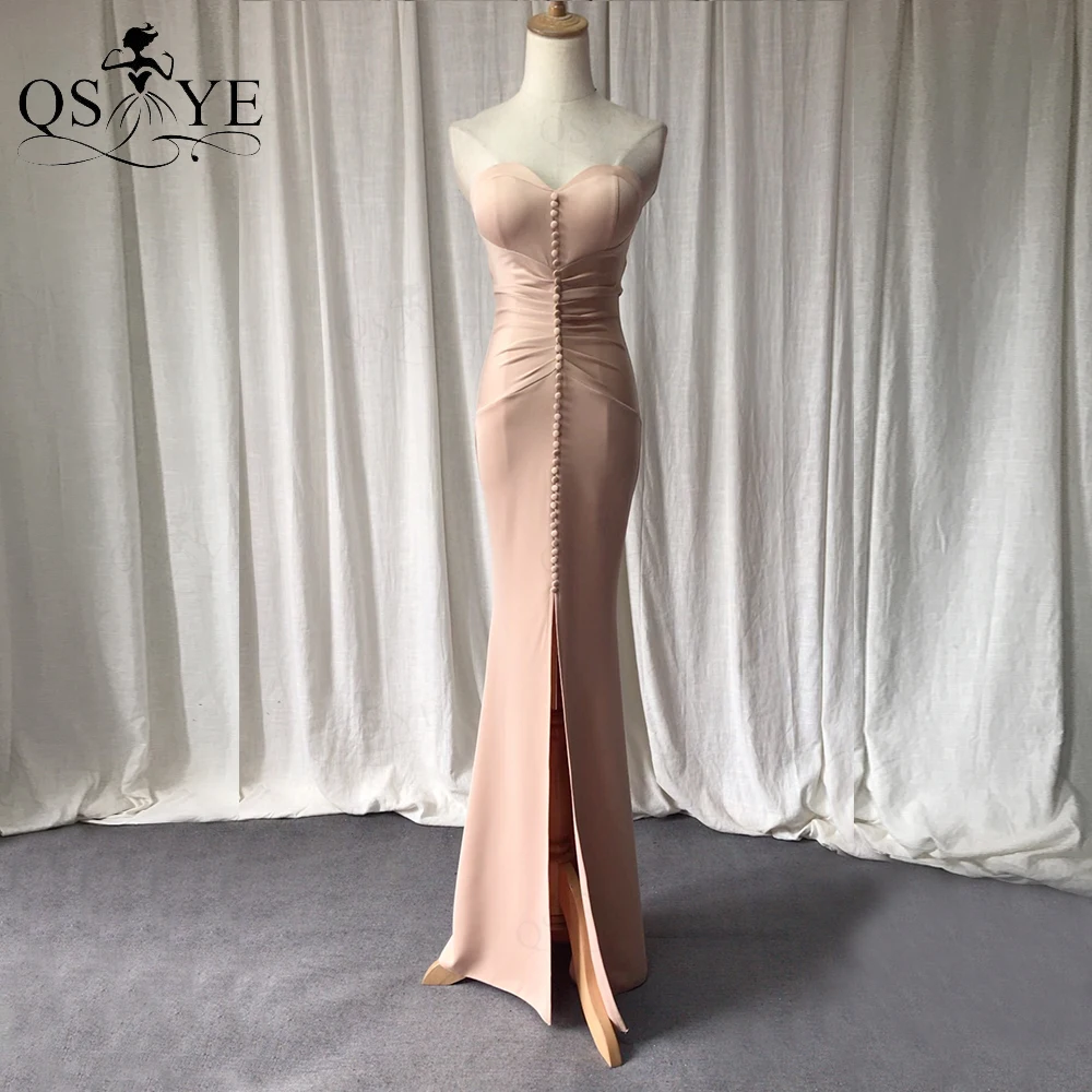 QSYYE Front Split Champagne Mermaid Long Prom Dress 2021 Elastic Ruched Evening Dress Buttons Formal Gowns Party Sweetheart