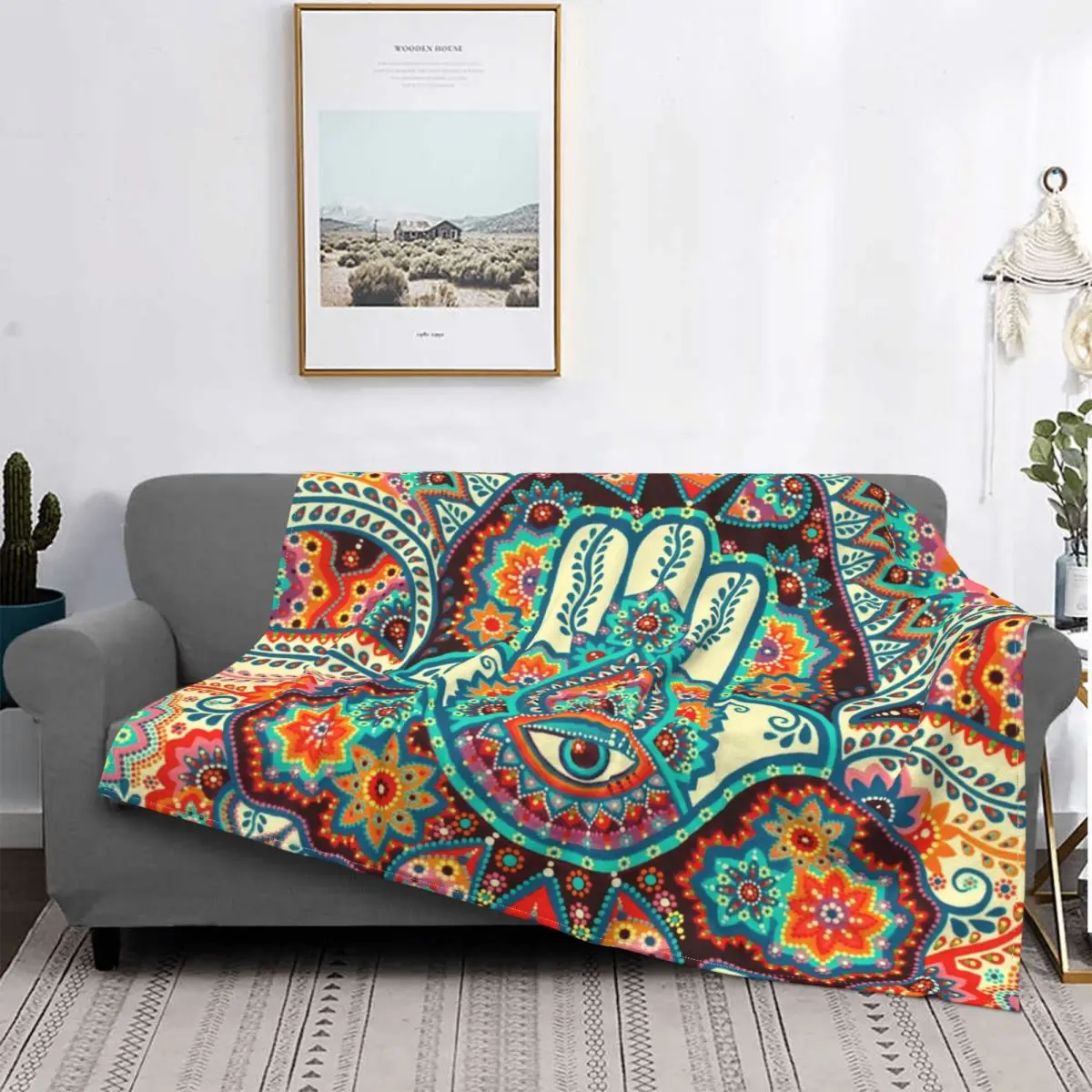 

Hamsa Hand Mandala Flower Blankets Coral Fleece Plush Boho Lightweight Thin Throw Blanket for Bedding Outdoor Plush Thin Quilt