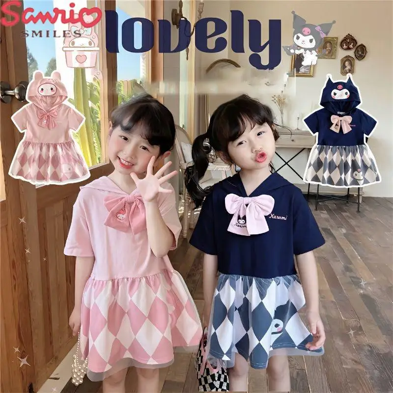 

Креативное платье для девочек Sanrio Kawaii Kuromi Mymelody, новинка, летнее двухцветное платье принцессы с капюшоном из мультфильма, сетчатое платье со ...