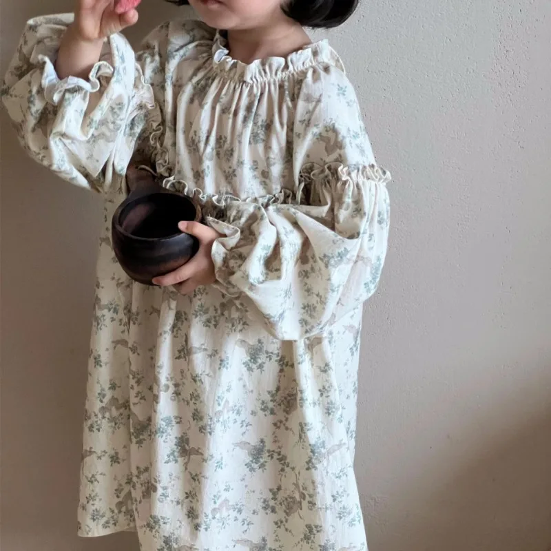 

2023 Girls sweet Floral puff sleeve dress Kids cotton loose long style princess dress