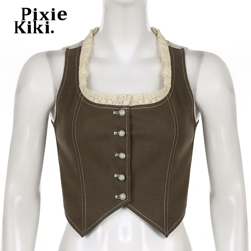 Ретро кружевной лоскутный кроп-топ PixieKiki Y2k эстетичный волшебный гранж