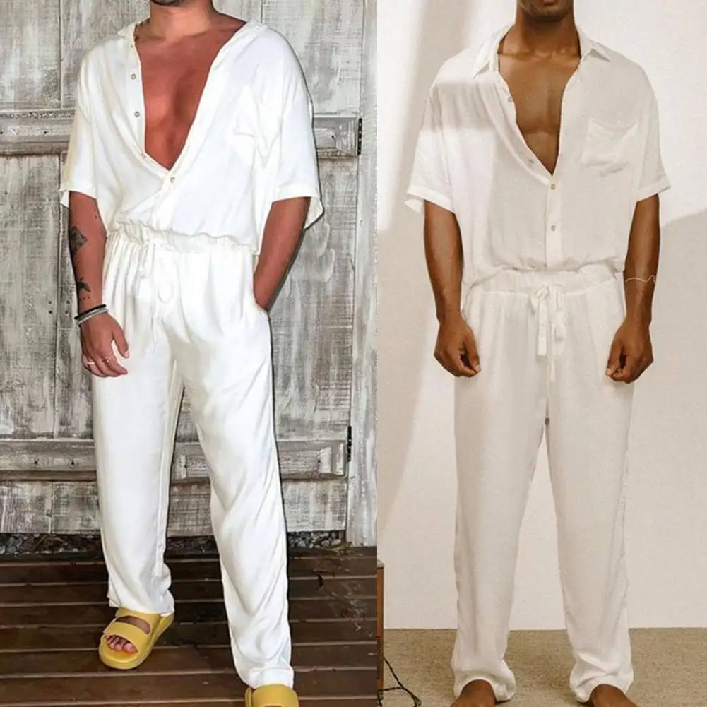 

Turn-down Collar Elastic Waist Casual Outfit Solid Color Short Sleeve Shirt Drawstring Long Pants Set Male Clothing