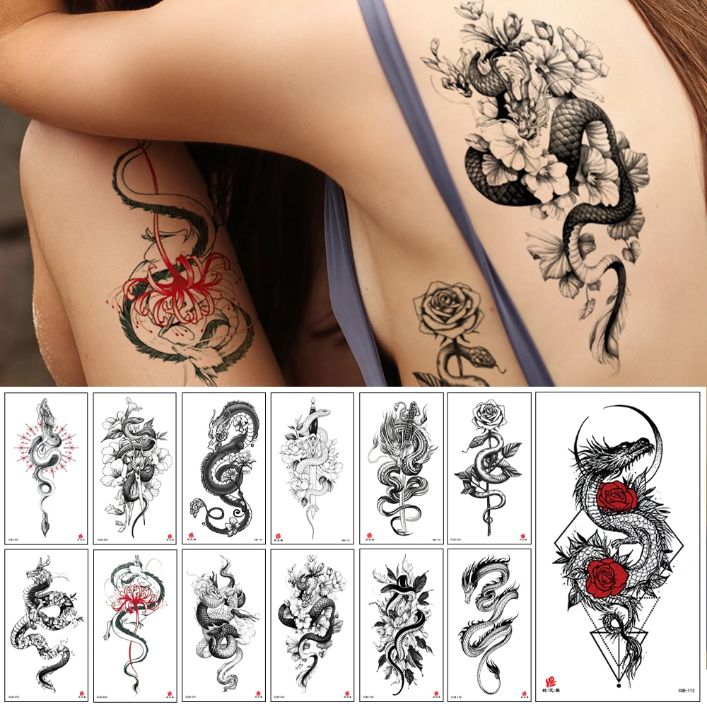 

13 шт. тату-набор, водостойкая Временная тату-наклейка, черная змея, дракон, тотем, цветы, розы, боди-арт на руку, искусственная тату для мужчин и женщин