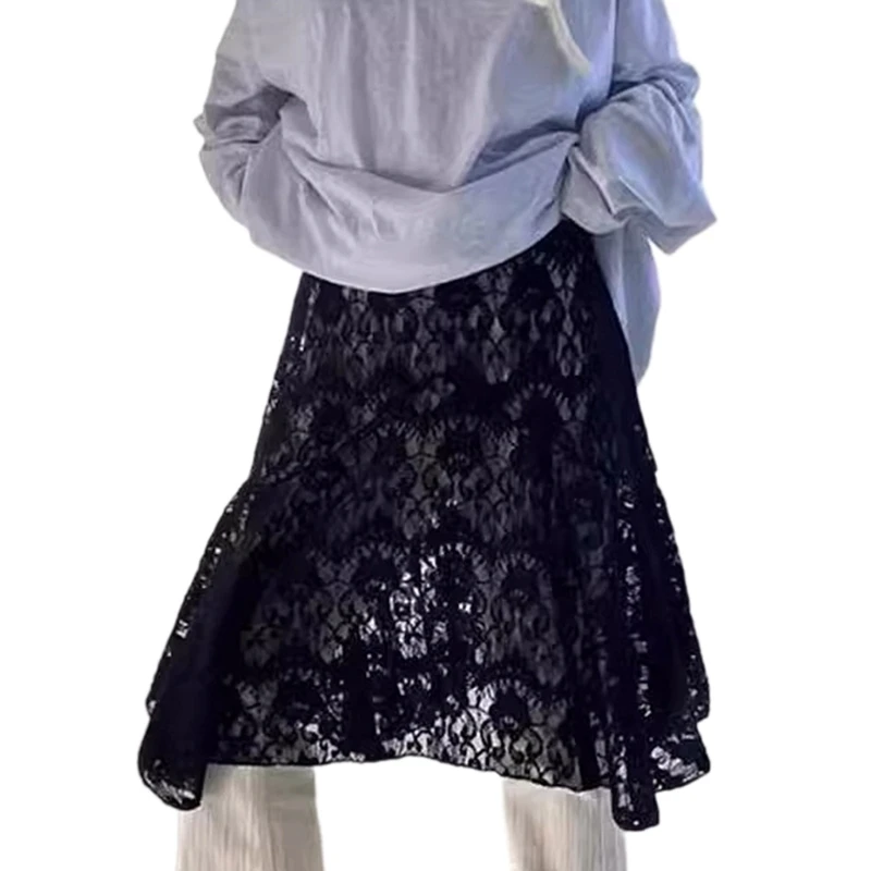 95AB Fairycore многослойная асимметричная прозрачная кружевная юбка-миди с цветочным